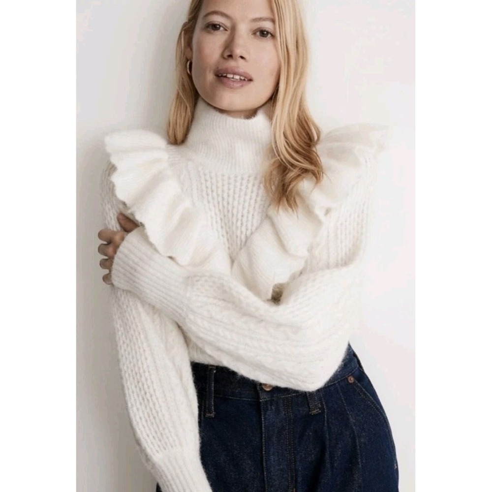 MADEWELL Cable Winslow Mockneck Sweater Cream Sz M Alpaca Wool Victorian Ruffle